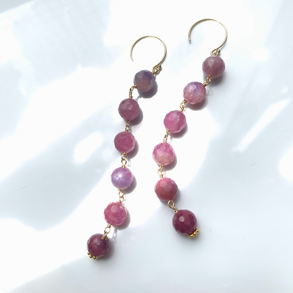 ピンクサファイアのロングピアス(イヤリング)14kgf、天然石 ピアス