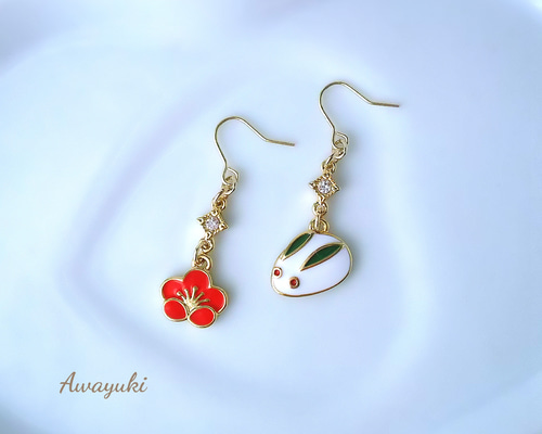 正月　初詣ガールズピアス 可愛い雪うさぎと梅の花の冬ピアス (冬・雪・ウサギ・お正月・初詣