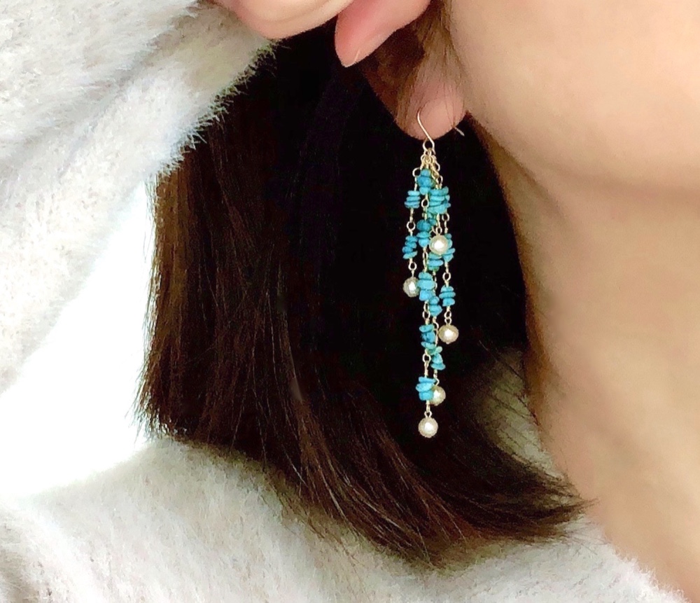 夏につけたい ターコイズ＆淡水パールのシャラシャラピアス（K14gf）イヤリング変更可