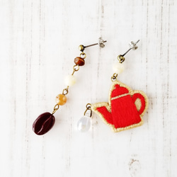 咖啡廳耳環（咖啡壺、紅色）刺繡 第6張的照片