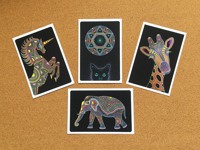 ポストカード4枚セット 曼荼羅（マンダラ）模様の動物シリーズとKitty