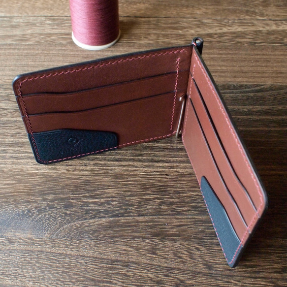〈受注〉カラーオーダー 手縫い仕立てのマネークリップ財布【薄型】/ 内装革ボルドー イタリアンレザー 3枚目の画像