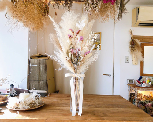 新作」ススキとパンパスグラスの花束＊花瓶付き＊インテリア 海外 boho 