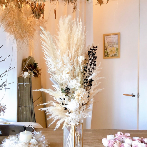 パンパスグラスの華やか花束と花瓶＊ ドライフラワー ウェルカム