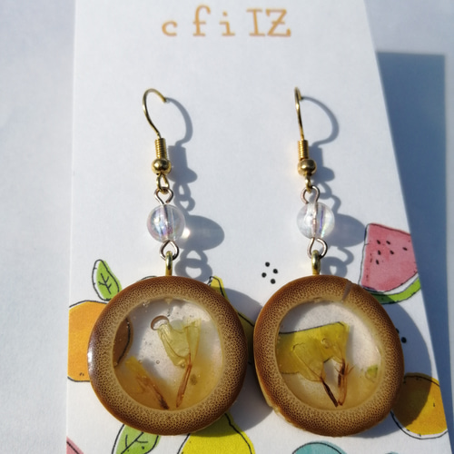 竹レジンピアス【TakeHana】イエローフラワー ピアス（フック