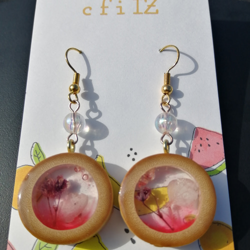 竹レジンピアス【TakeHana】レッドフラワー ピアス（フック・チェーン