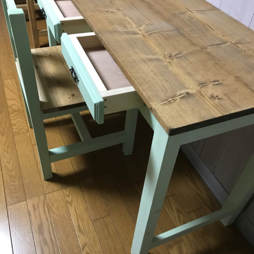 パステルグリーン☆長机【1400】Ⅲドロワー☆北欧☆受注製作