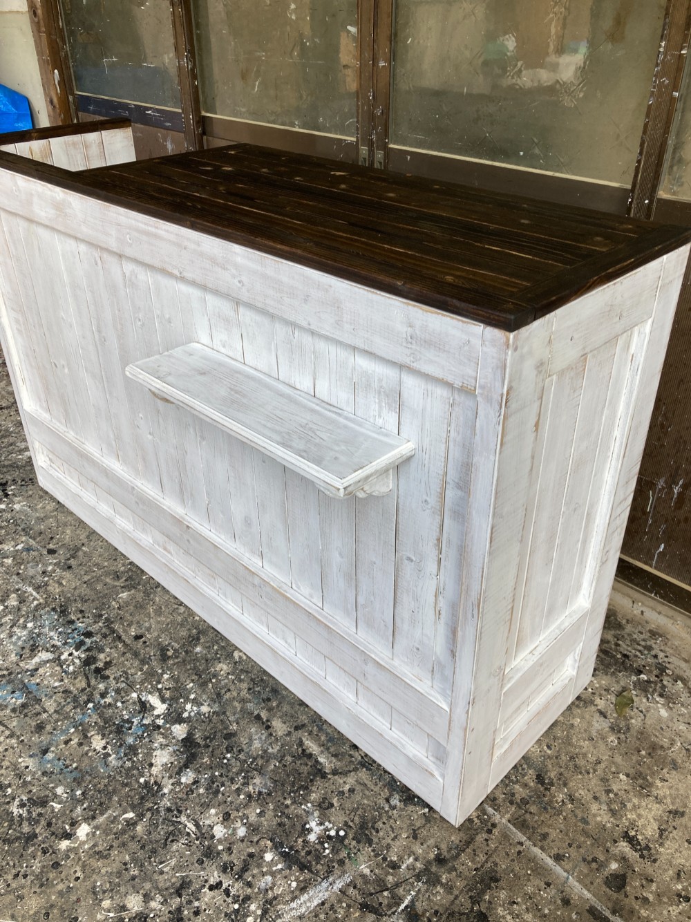 ［受注製作］☆ホワイトシャビー＆エボニー【レジ用凹み付】受付カウンターテーブル　レジカウン【1500】シェルフ付★店舗☆