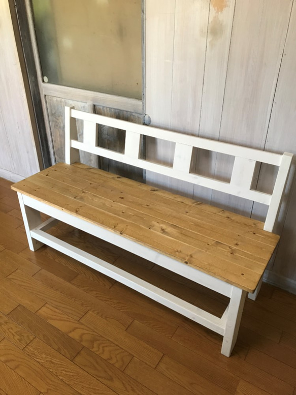 ★シンプル家具★背もたれ付ベンチ★フレンチ★カントリーツートン☆ 1枚目の画像