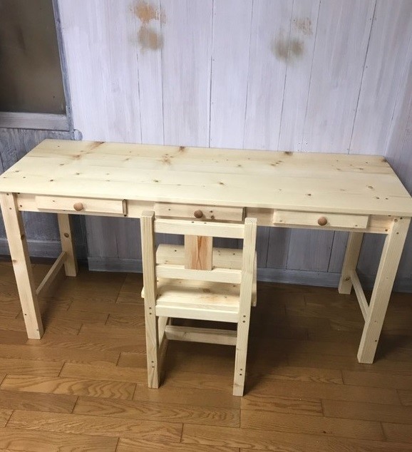 ［受注製作］ミシンテーブル（木製取っ手）☆事務机【1400】引き出し３杯☆ナチュラル家具