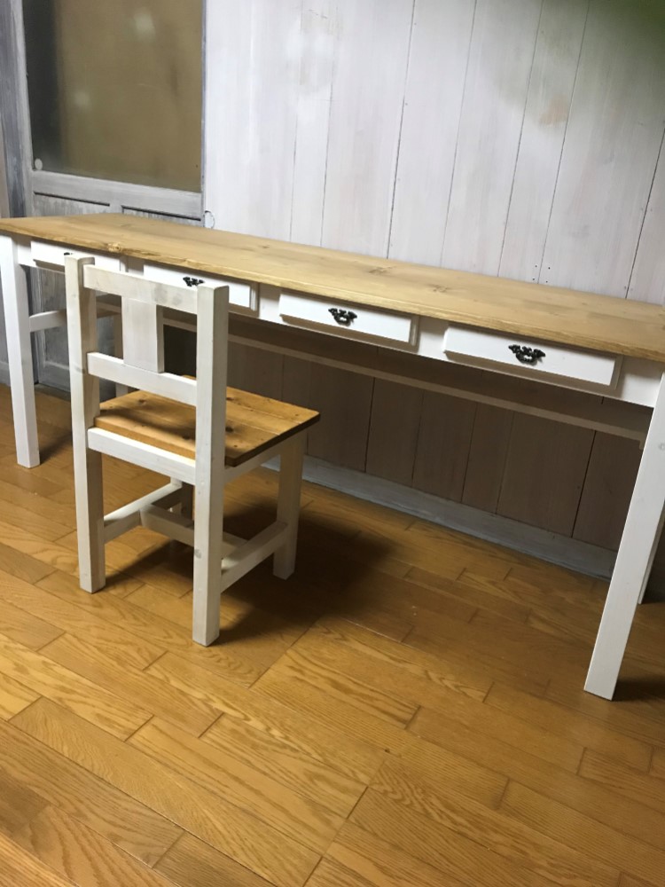 ［受注製作］★ツートン（北欧）長机；事務机；学習机【1700】引出４杯☆棚付☆シンプル家具