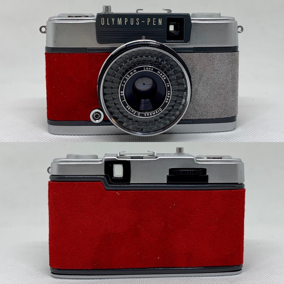 中古 リメイク フィルム カメラ　OLYMPUS PEN　EES-2　スエード　貼り替え（レッド•グレー） 2枚目の画像