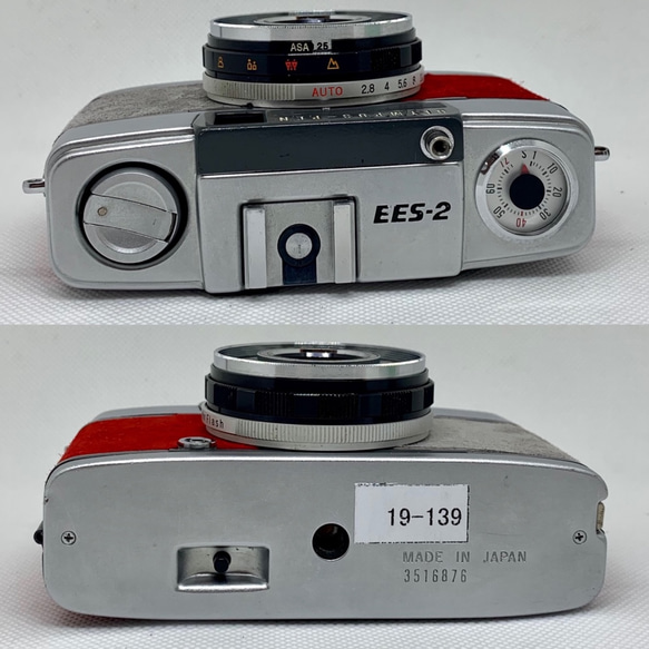 中古 リメイク フィルム カメラ　OLYMPUS PEN　EES-2　スエード　貼り替え（レッド•グレー） 4枚目の画像