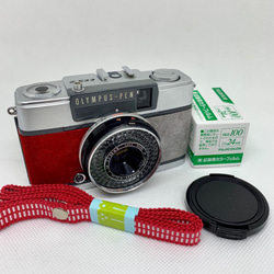 中古 リメイク フィルム カメラ　OLYMPUS PEN　EES-2　スエード　貼り替え（レッド•グレー） 6枚目の画像