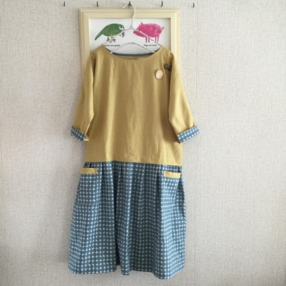 蝙蝠袖連衣裙*黃×藍灰色 第1張的照片