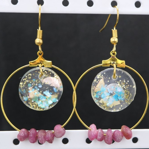 ピアス ハンドメイド ドライフラワー レジン 揺れる リング 水色 【22 