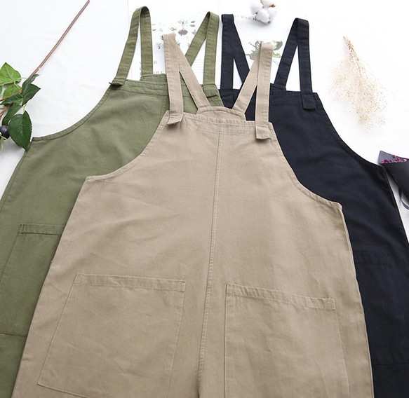 khaki/mustard green/black 大人かわいいサロペットパンツ 5枚目の画像