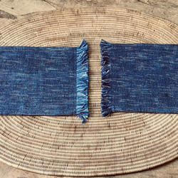 ブルー系手織り布で作ったふさふさコースター 2枚組 (H-co-6) 1枚目の画像