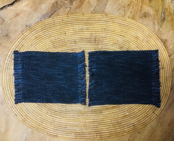 手織り布で作ったふさふさコースター 2枚組 (H-co-11) 1枚目の画像