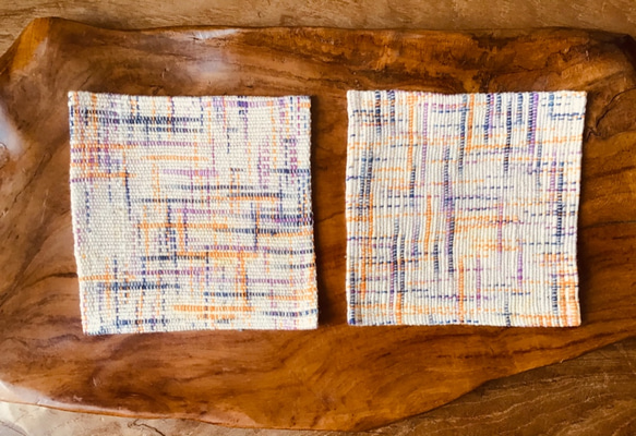 手織り布で作ったコースター 2枚組 (H-co-21-A) 1枚目の画像