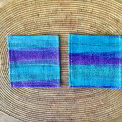ブルー系手織り布で作ったコースター 2枚組 (H-co-2-A) 1枚目の画像