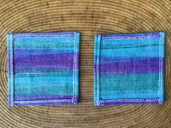 ブルー系手織り布で作ったコースター 2枚組 (H-co-2-A) 2枚目の画像