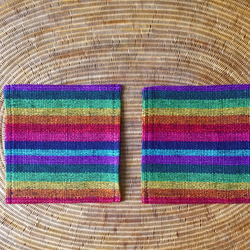 虹色手織り布で作ったコースター 2枚組 (H-co-18-A) 1枚目の画像