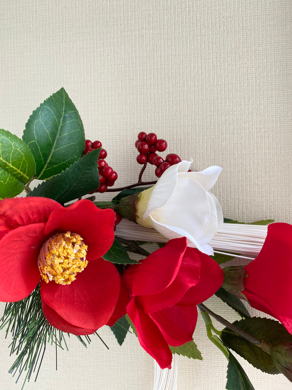 『Creema限定』【送料無料】紅白の椿のお正月飾り　白い水引　A-161 8枚目の画像