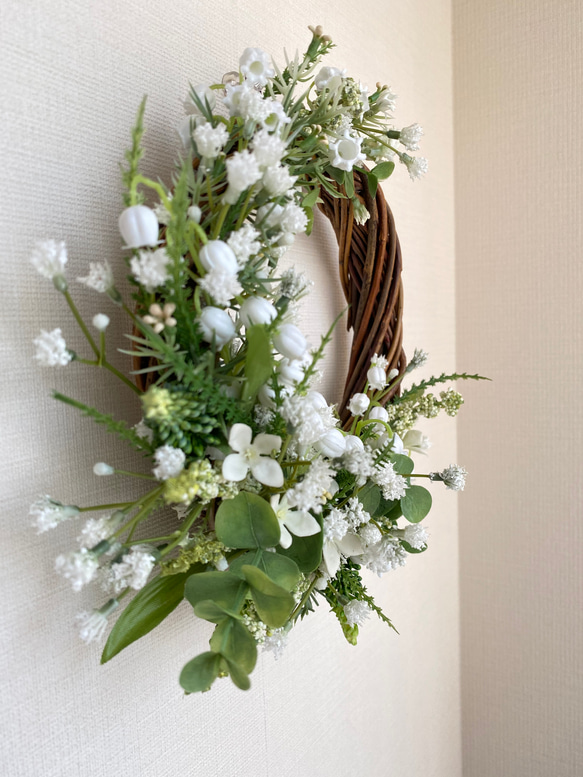 『Creema限定』【送料無料】すずらんと白い花のリース　A-191 3枚目の画像