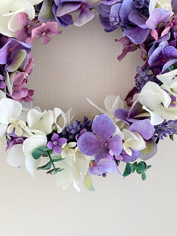 『Creema限定』【送料無料】白と紫の紫陽花のリース　オーバル型　A-101 4枚目の画像