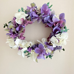 『Creema限定』【送料無料】白と紫の紫陽花のリース　オーバル型　A-101 7枚目の画像