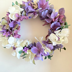 『Creema限定』【送料無料】白と紫の紫陽花のリース　オーバル型　A-101 8枚目の画像