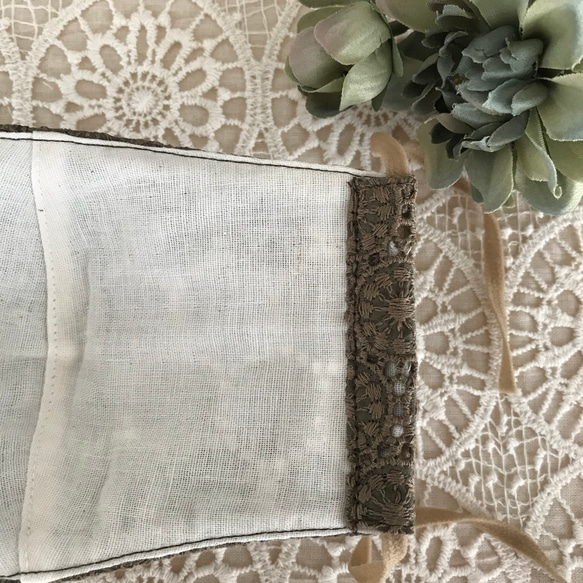 ◉豪華レース◉カーキ色も❤︎お洒落❤︎⭐️日本製オーガニックコットン ❇︎カーキ❇︎黒❇︎白　circle 花　マスク 5枚目の画像