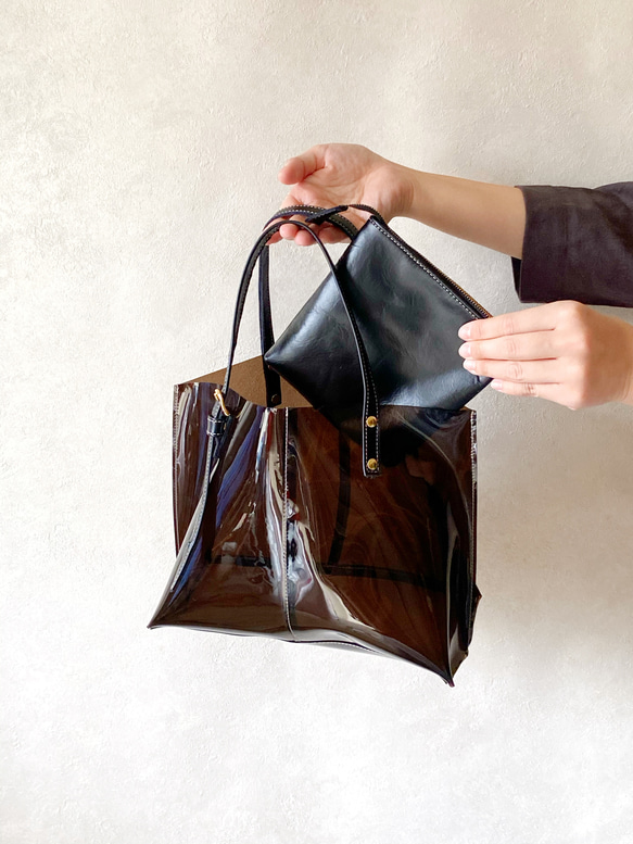 PVC ビニール トートバッグ 本革 ブラック × ダークブラウン 2way