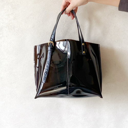 PVC ビニール トートバッグ 本革 ブラック × ダークブラウン 2way