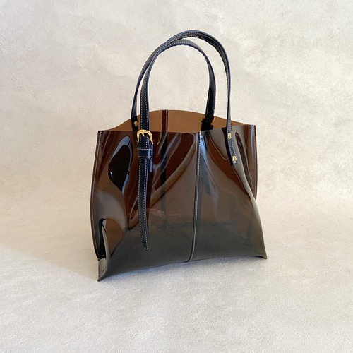 PVC ビニール トートバッグ 本革 ブラック × ダークブラウン 2way