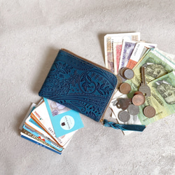 大きい L字財布 本革 カードケース ペイズリー ネイビー 5枚目の画像
