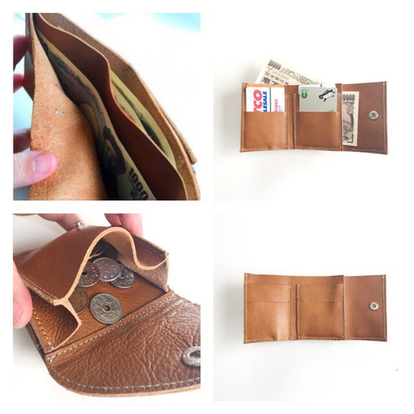 本革 キャメル 三つ折り財布 ミニ財布 コインケース付き 5枚目の画像