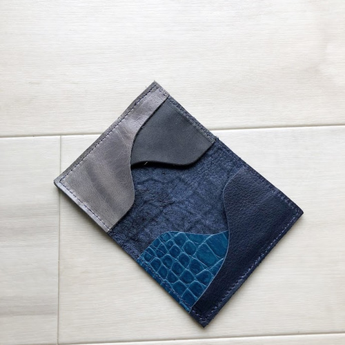 最高級クロコ型押し カードケース 本革 ネイビー 名刺入れ パス