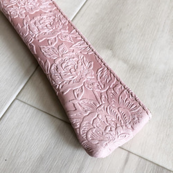 ローズ&ピンク スリム ペンケース 本革 型押し 花柄 ローズ ピンク 5枚目の画像