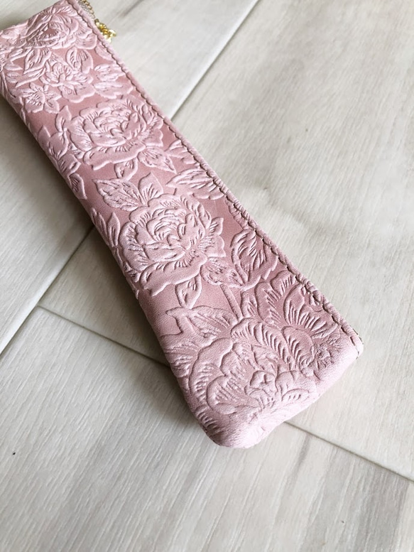 ローズ&ピンク スリム ペンケース 本革 型押し 花柄 ローズ ピンク 5枚目の画像