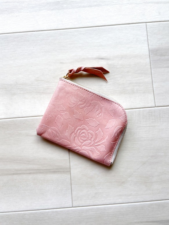 ピンク&ローズ シン L字財布 カードケース 本革 花柄ローズ  ピンク 『再販』 1枚目の画像