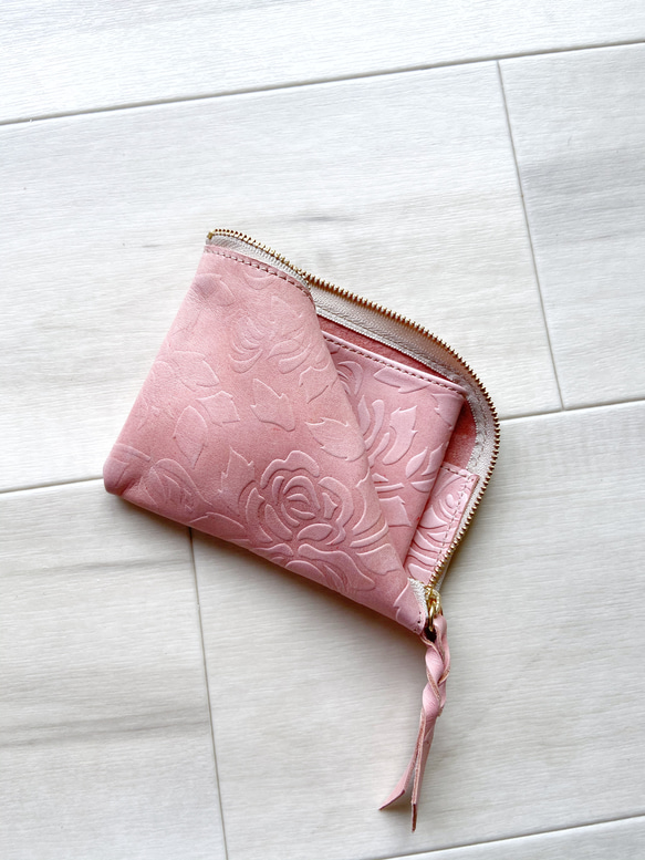 ピンク&ローズ シン L字財布 カードケース 本革 花柄ローズ  ピンク 『再販』 3枚目の画像