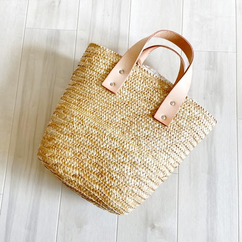 かご トートバッグ 本革 ハンドル ヌメ革 w/ ポーチ フラワーレース