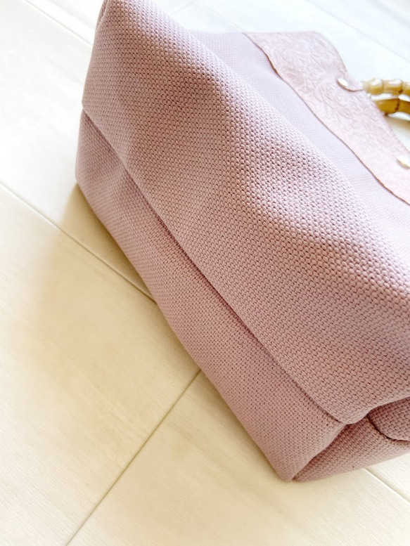 ペールカラー  Mサイズ トートバッグ 8号帆布 ラベンダー & 本革 花柄ローズ ピンク 5枚目の画像