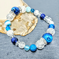 『ブルーアゲート×ラピスラズリ×クラック水晶』天然石ストーンブレスレット青瑠璃群青透明クリアダークブルー 3枚目の画像