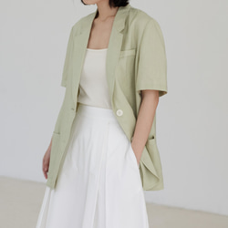 薄荷綠色 風的落點 夏季寬松水洗亞麻短袖西裝 極簡素色防曬外套 第2張的照片