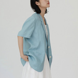 水藍色 風的落點 夏季寬松水洗亞麻短袖西裝 極簡素色防曬外套 第1張的照片
