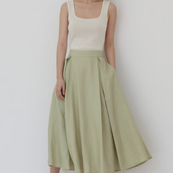 蘋果綠色 風的裙擺 優質亞麻 夏日背帶打褶半身裙 A字傘形短裙 第6張的照片