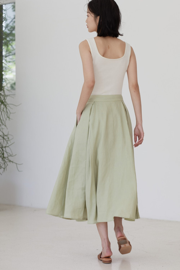蘋果綠色 風的裙擺 優質亞麻 夏日背帶打褶半身裙 A字傘形短裙 第10張的照片
